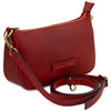Leather Clutch Bag for Women displayed in red with adjustable strap.