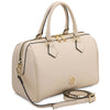Angled And Shoulder Strap View Of The Beige Ladies Leather Duffle Bag