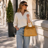 Woman Holding The Yellow Ladies Leather Shopper Tote