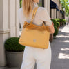 Over The Shoulder View The Yellow Ladies Leather Shopper Tote