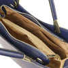 Internal Compartment and Pocket View Of The Dark Blue Ladies Leather Tote Handbag