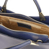 Internal Zip Pocket View Of The Dark Blue Ladies Leather Tote Handbag
