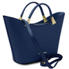 Angled And Shoulder Strap View Of The Dark Blue Ladies Leather Tote Handbag