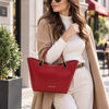 Woman In The Street Holding The Red Ladies Leather Tote Handbag