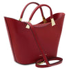 Angled And Shoulder Strap View Of The Red Ladies Leather Tote Handbag