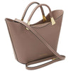 Angled And Shoulder Strap View Of The Taupe Ladies Leather Tote Handbag