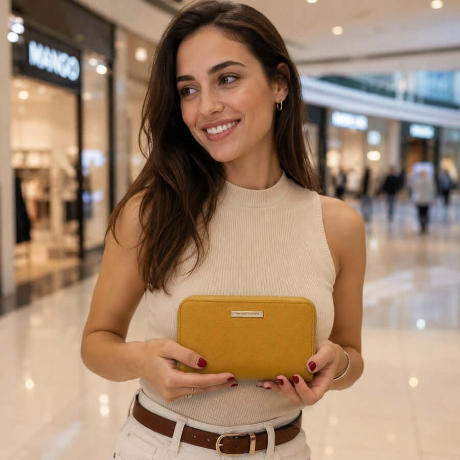 Woman holding a mustard women’s leather purse while shopping