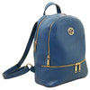 Angled View Of The Denim Ladies Small Leather Backpack