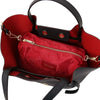 Womens Leather Shopping Bag and Toiletry Bag Set showing interior with red toiletry bag and black leather exterior.