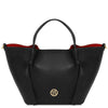 Womens Leather Shopping Bag and Toiletry Bag Set featuring a sleek black design with red interior.