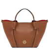 Womens Leather Shopping Bag and Toiletry Bag Set - Elegant cognac pebbled leather bag with sophisticated silhouette.