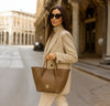 Woman Posing With The Dark Taupe Large Italian Handbag