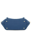 Womens Leather Shopping Bag and Toiletry Bag Set - bottom view of a denim pebbled leather bag with gold accents.