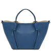Womens Leather Shopping Bag and Toiletry Bag Set in denim pebbled leather with semi-rigid silhouette for stylish use.