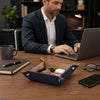 Large Leather Desk Tidy Tray organizing keys and essentials on a stylish desk with a professional man working.