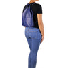 Woman Posing With The Dark Blue Leather Backpack For Women