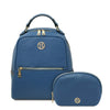Leather Backpack and Toiletry Bag Set in denim with gold accents, showcasing stylish design and practicality for everyday use.