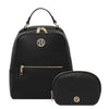 Leather Backpack and Toiletry Bag Set featuring a black backpack with gold accents and a matching toiletry bag.
