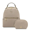 Leather Backpack and Toiletry Bag Set featuring a stylish pebbled design and gold accents.