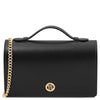Leather Chain Clutch Bag in black with gold chain strap and logo, stylish accessory for women.