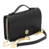 Leather Chain Clutch Bag featuring a sleek black design and gold chain accents, perfect for stylish occasions.