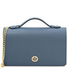 Leather Chain Clutch Bag in denim with gold chain and logo detail on the front.