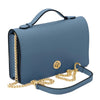 Stylish denim Opera Leather Chain Clutch Bag with gold chain and handle for women.
