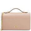Leather Chain Clutch Bag in soft nude with gold chain detail and logo, stylish accessory for women.