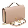 Leather Chain Clutch Bag with gold chain detail and a soft nude exterior, perfect for formal occasions.