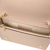 Interior view of the Leather Chain Clutch Bag showing spacious compartment and brand tag.