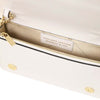 Interior view of the Leather Chain Clutch Bag featuring the Leather label and gold zipper.