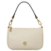 Leather Clutch Bag in beige color with gold hardware and detachable strap.