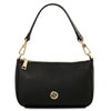 Black leather clutch bag with gold accents and shoulder strap, perfect for stylish everyday use.