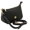 Black Leather Clutch Bag with adjustable strap and gold hardware, perfect for stylish outings.
