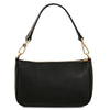 Leather Clutch Bag in black with a shoulder strap and gold accents.
