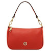 Leather Clutch Bag in vibrant coral with gold accents and detachable strap, perfect for stylish outings.