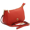 Leather Clutch Bag in vibrant coral with a golden zipper and detachable strap.