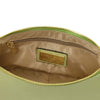 Interior view of the Leather Clutch Bag featuring a zipper pocket and embossed branding.