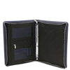 Open Compartment View Of The Dark Blue Leather Document Case With Handle