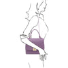 Over The Shoulder View Of The Lilac Leather Handbag Backpack Convertible