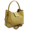 Angled And Shoulder Strap View Of The Green Leather Handbag For Women