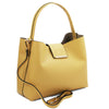 Angled And Shoulder Strap View Of The Yellow Leather Handbag For Women