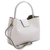 Angled And Shoulder Strap View Of The White Leather Handbag For Women
