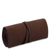 Angled View Of The Dark Brown Leather Jewellery Roll