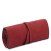 Angled View Of The Red Leather Jewellery Roll