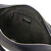 Internal Zip Pocket View Of The Dark Blue Leather Laptop Bag