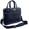 Angled And Shouder Strap View Of The Dark Blue Leather Laptop Bag