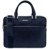 Front View Of The Dark Blue Leather Laptop Bag