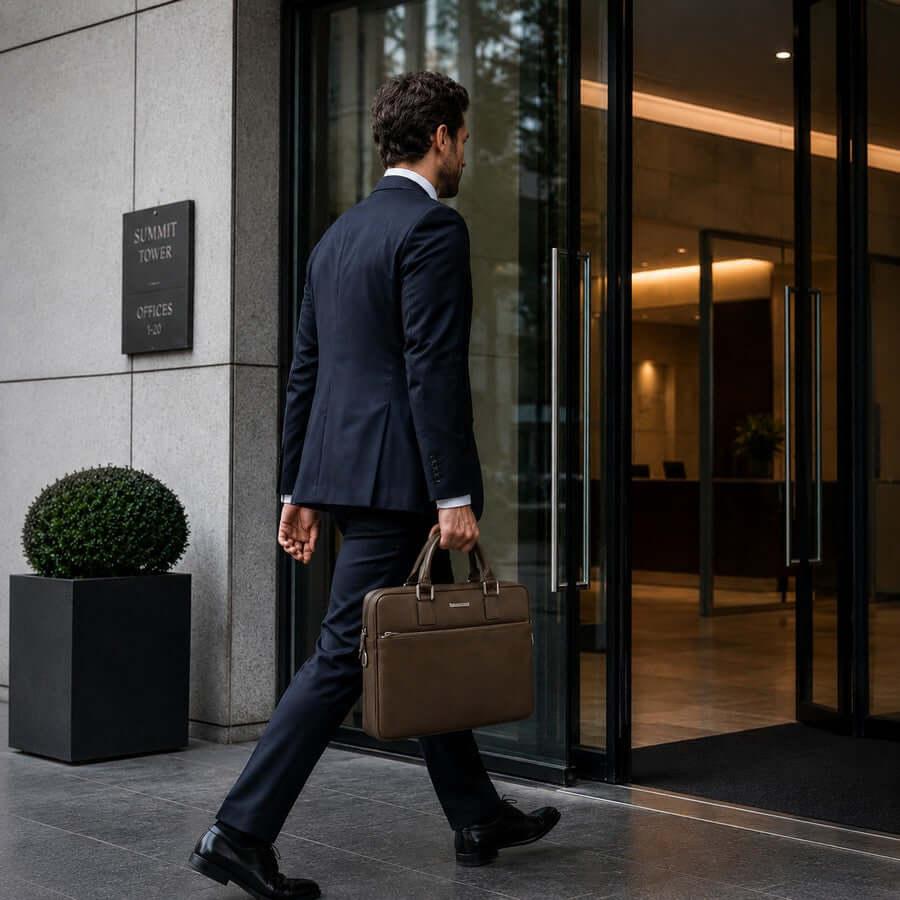 Businessman walking with a dark taupe leather laptop bag outside a modern office