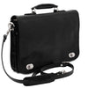 Angled View Of The Black Leather Messenger Bag For Men